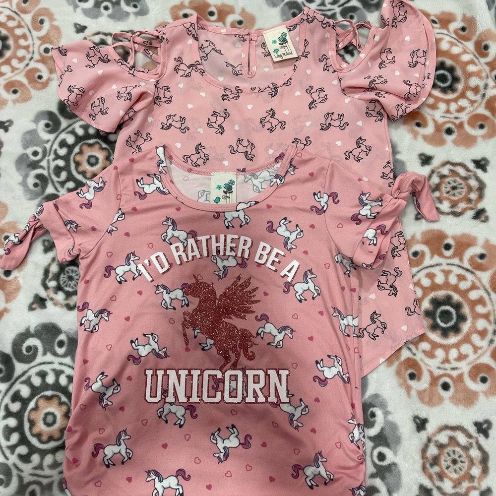 Lily Blue Set of 2 Girls light Pink Blouses with Unicorns size 6 and 7/8